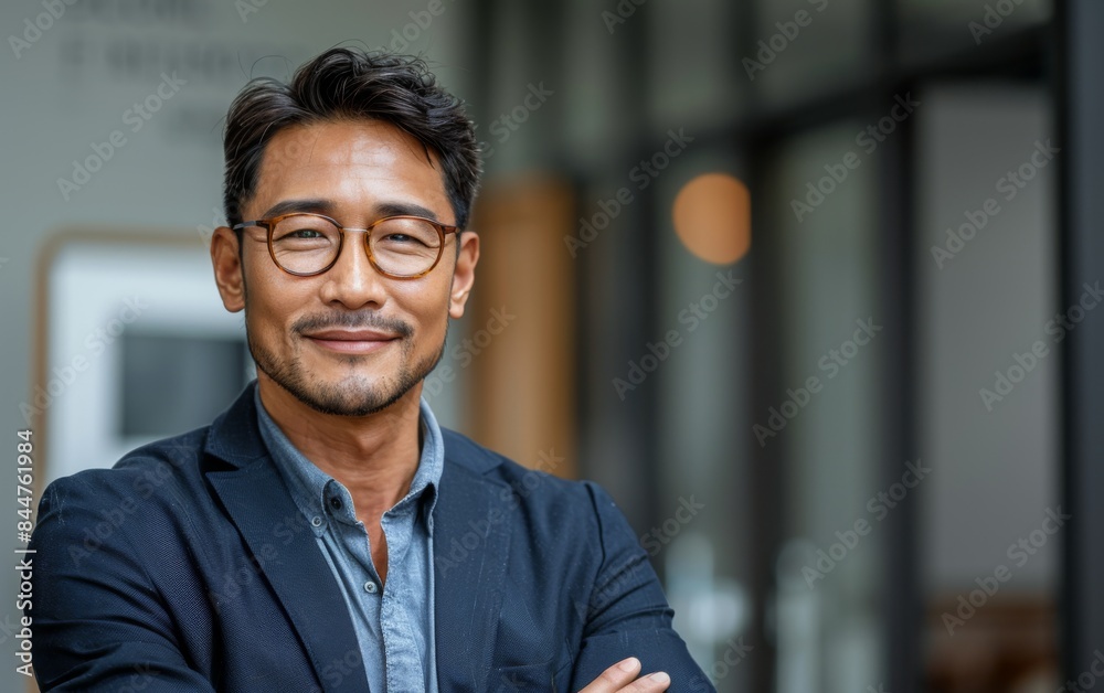 Obraz premium A man in a suit and glasses is smiling and posing for a picture. He looks confident and professional