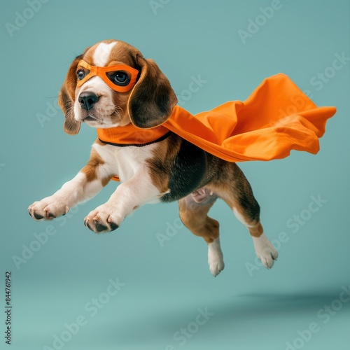 superhero dog, beagle pound puppy with a orange cape and mask jumping and flying on light blue background with copy space. The concept of a superhero, super cat, leader, funny animal studio shot