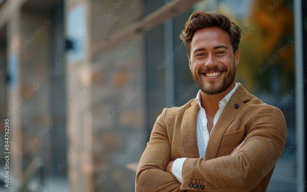 Obraz premium A man in a brown jacket and white shirt is smiling and posing for a picture. He is wearing a jacket with a collar and a white shirt underneath