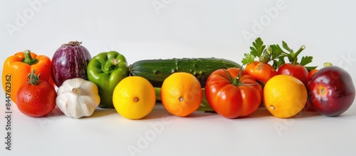 Arrangement of fruits and vegetables in a row against a white backdrop