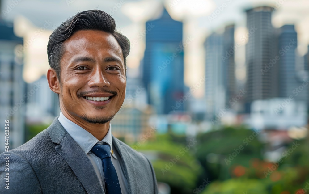 A man in a suit and tie is smiling and looking at the camera. The image has a professional and confident mood A man in a suit and tie is smiling and looking at the camera. The image has a professional and confident mood