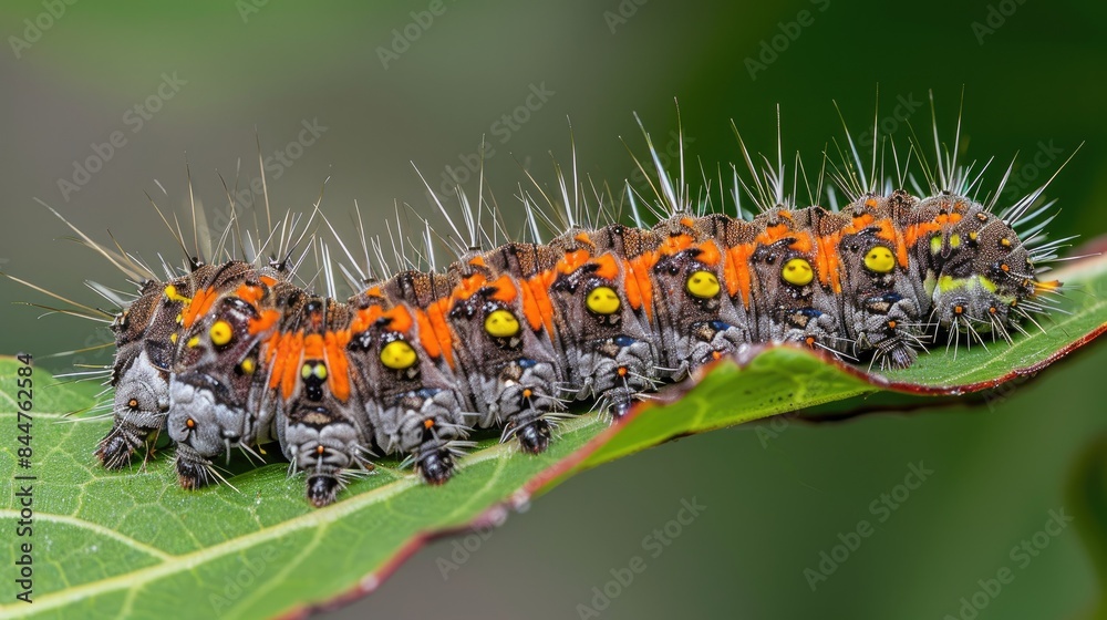Fototapeta premium Fuzzy pine processionary caterpillar displaying noticeable orange stripe on a green leaf