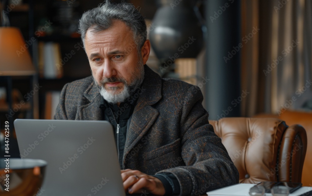 A man is sitting at a table with a laptop in front of him. He is wearing a gray jacket and he is focused on his work A man is sitting at a table with a laptop in front of him. He is wearing a gray jacket and he is focused on his work