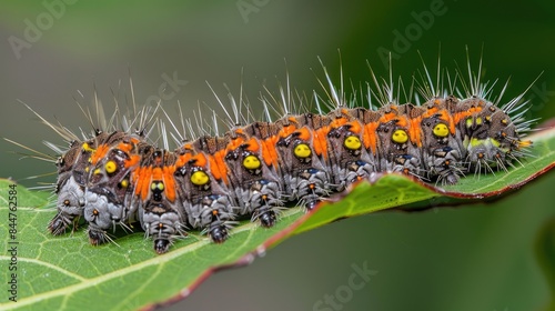 Fuzzy pine processionary caterpillar displaying noticeable orange stripe on a green leaf photo