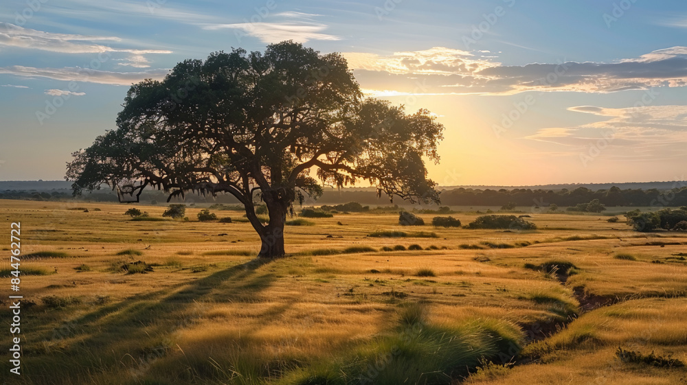 Obraz premium Savannah sunset tranquil beauty in nature horizon, AI Generative