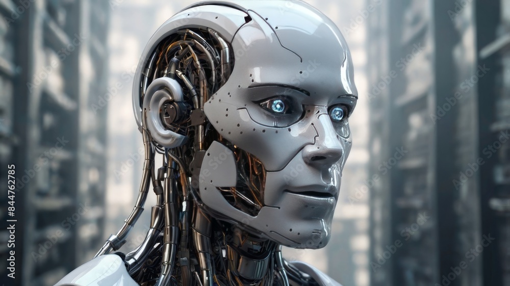 A 3D rendering depicting the face of a robotic man, symbolizing the concept of artificial intelligence and cyborg.