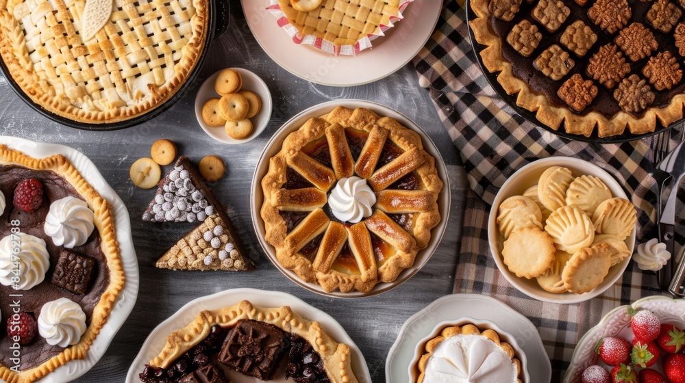 various desserts, such as pies, cakes and cookies, on the checkered tablecloth. generative ai various desserts, such as pies, cakes and cookies, on the checkered tablecloth. generative ai