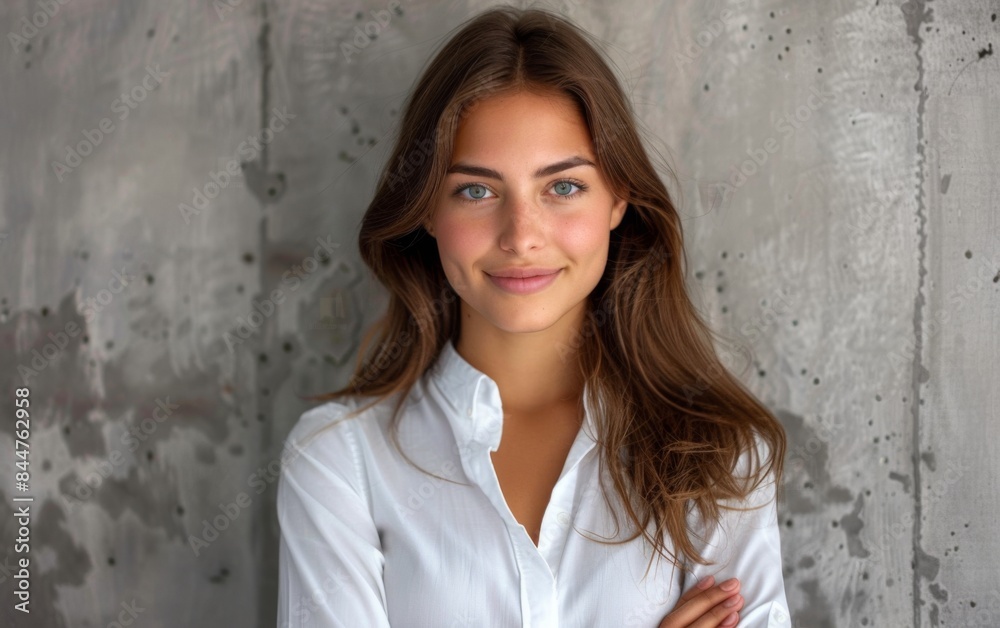 A woman with long brown hair and a white shirt is smiling at the camera. She is wearing a white shirt and has her arms crossed A woman with long brown hair and a white shirt is smiling at the camera. She is wearing a white shirt and has her arms crossed