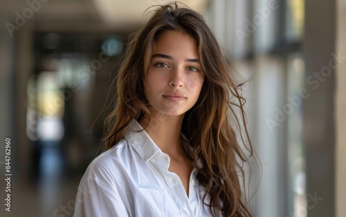 A woman with long brown hair is wearing a white shirt and standing in a hallway. She has a serious expression on her face