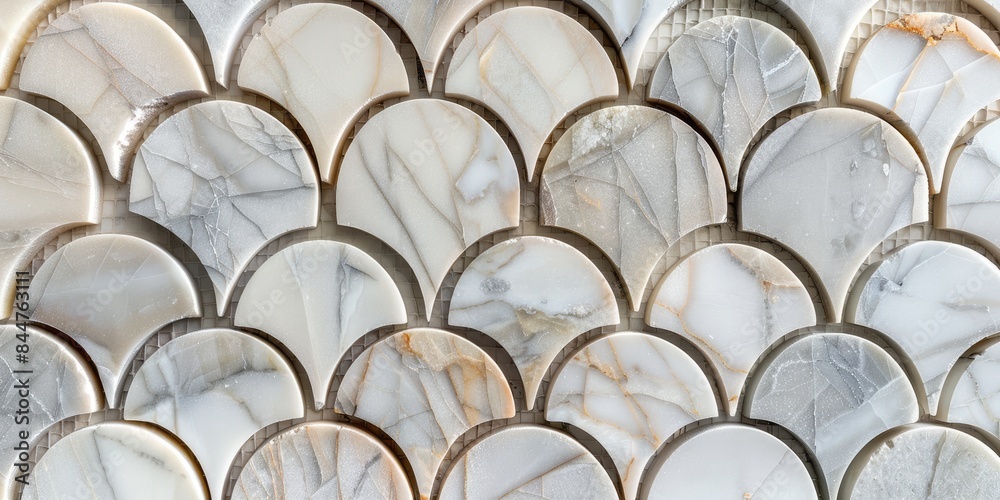 Elegant white marble tile mosaic with an intricate pattern resembling fish scales, ideal for modern interior design and luxurious aesthetics. Elegant white marble tile mosaic with an intricate pattern resembling fish scales, ideal for modern interior design and luxurious aesthetics.