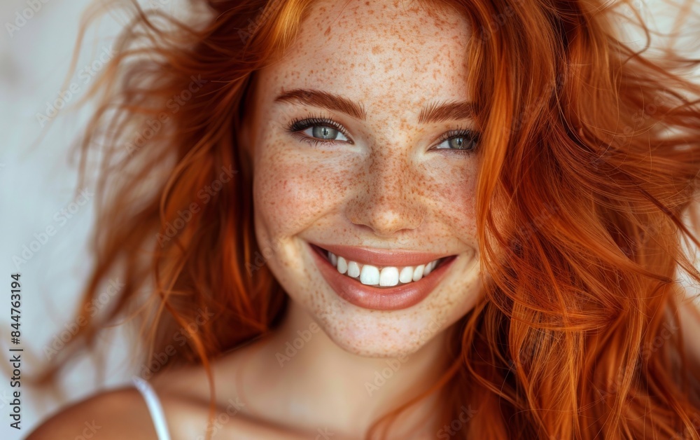 A woman with red hair and a smile on her face. She has a lot of hair and is wearing a white top A woman with red hair and a smile on her face. She has a lot of hair and is wearing a white top