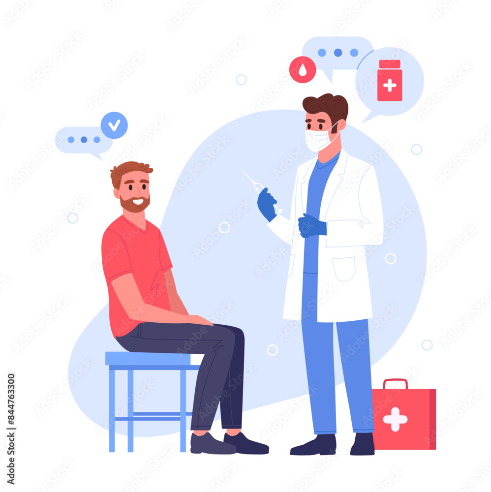 Doctor gives injection to patient. Male nurse vaccinating patient in clinic, doctor holds syringe before giving vaccine flat vector illustration. Healthcare and medicine concept Doctor gives injection to patient. Male nurse vaccinating patient in clinic, doctor holds syringe before giving vaccine flat vector illustration. Healthcare and medicine concept