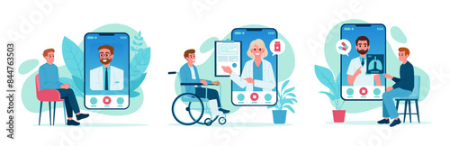 Doctors online consultation. Online medicine services, doctor appointment, test results and medicines prescriptions flat vector illustration set. Digital healthcare service concept