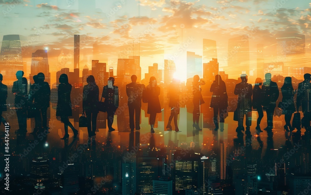 A group of people are walking in a city at sunset. The people are silhouetted against the bright orange sky. Scene is peaceful and serene, as the people are walking together A group of people are walking in a city at sunset. The people are silhouetted against the bright orange sky. Scene is peaceful and serene, as the people are walking together