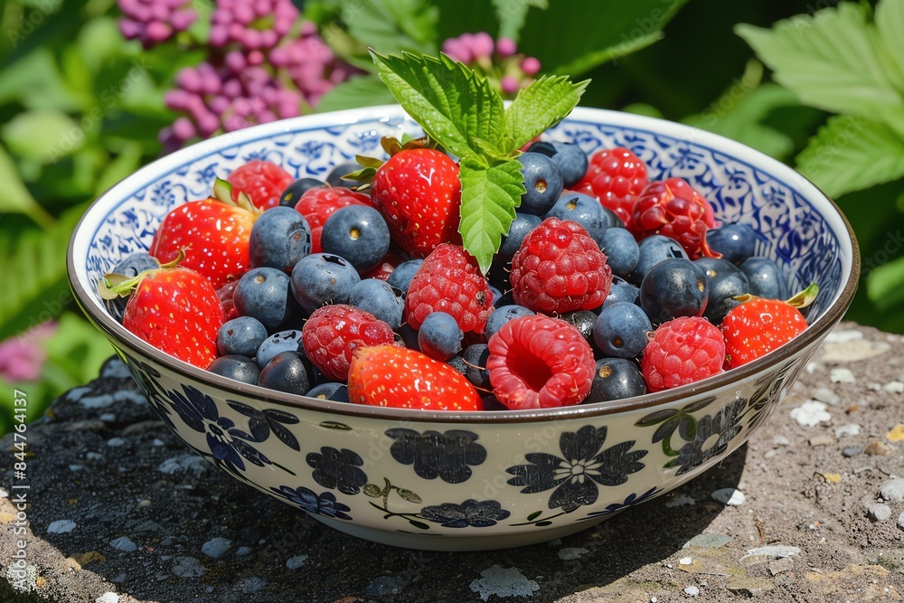 A bowl of fresh strawberries, blueberries, and raspberries with a sprig of mint. A bowl of fresh strawberries, blueberries, and raspberries with a sprig of mint.