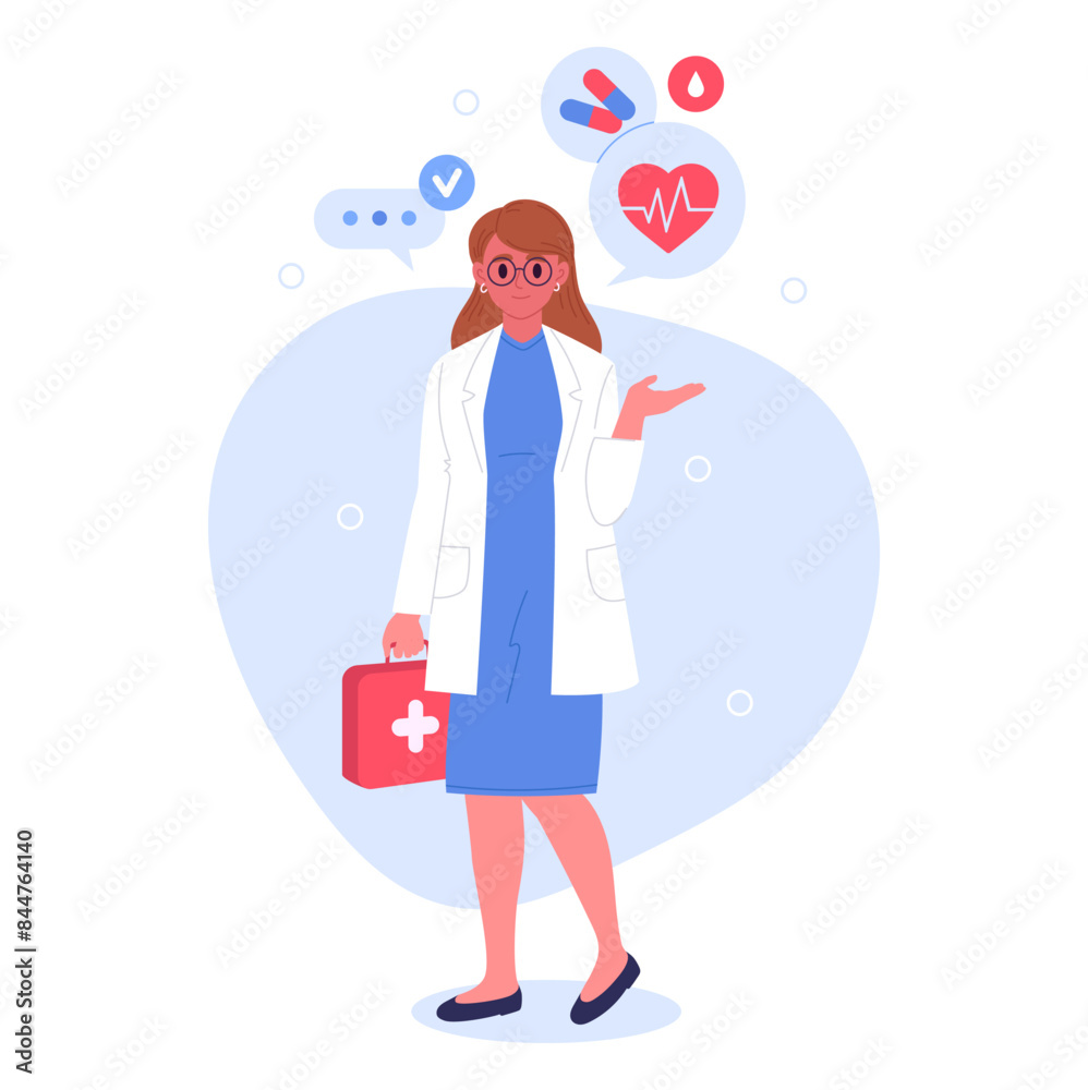 Female doctor. Therapist or paramedic, medical clinic professional female worker flat vector illustration. Healthcare and medicine concept Female doctor. Therapist or paramedic, medical clinic professional female worker flat vector illustration. Healthcare and medicine concept