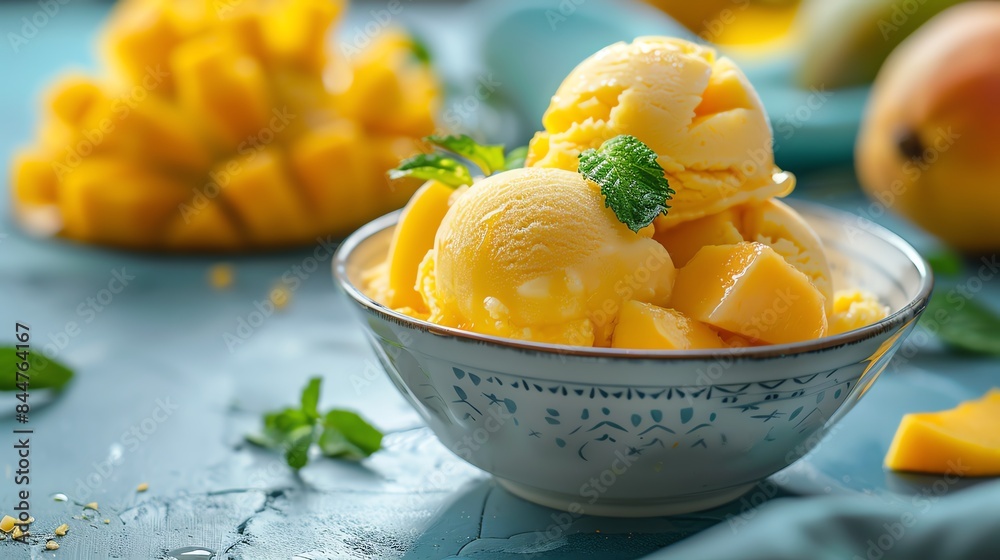 A bowl of mango sorbet with fresh mango slices and mint leaves. A refreshing summer treat. A bowl of mango sorbet with fresh mango slices and mint leaves. A refreshing summer treat.