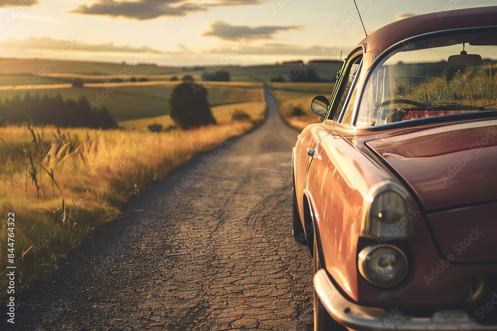 Fototapeta premium A classic car drives down a rural road at sunset. The golden light illuminates the fields and creates a sense of peace and tranquility.
