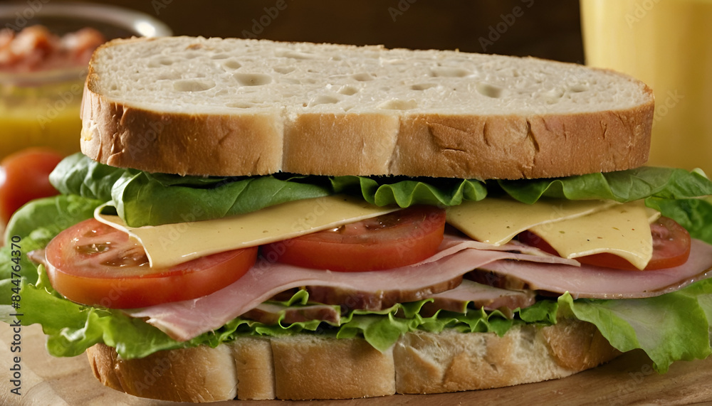 ham and cheese sandwich with lettuce, tomato, and mustard. ham and cheese sandwich with lettuce, tomato, and mustard.