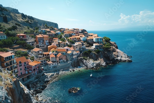 A picturesque coastal town nestled on a hillside overlooking the azure sea. Boats dot the tranquil waters.