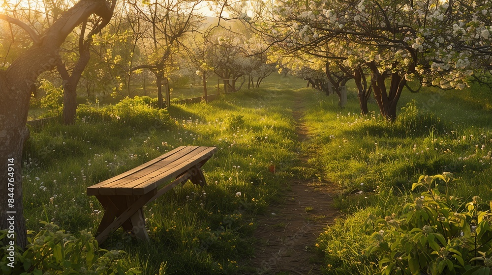 Naklejka premium A rustic bench sits alone in a sun-drenched orchard, inviting relaxation amidst the blooming trees.