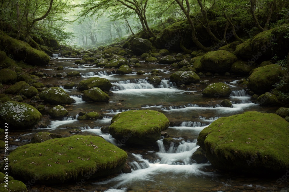 A tranquil woodland stream with moss covered rocks and clear water A tranquil woodland stream with moss covered rocks and clear water