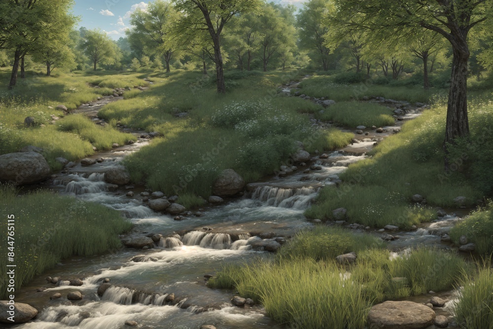 A serene meadow with a babbling brook and tall grasses swaying