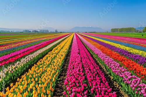 A vibrant field of colorful tulips stretches out towards the horizon, creating a mesmerizing display of spring blooms.