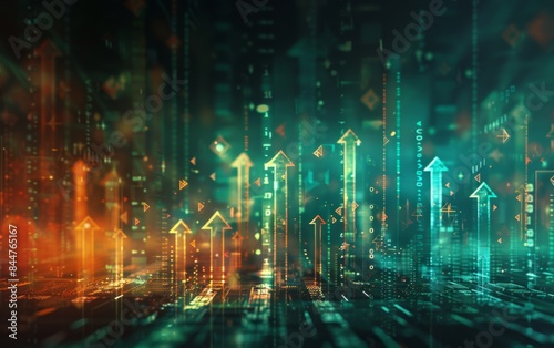 A computer generated image of a city with many green and orange arrows pointing upwards. Concept of growth and progress, as the arrows represent the upward movement of the city's development