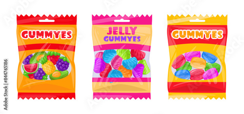 Fruity gummy packages. Chewy jelly candy sweets with fruit flavor flat vector illustration set. Gummy chewy jelly candies bags