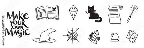 Collection of magic icons in doodle style. Hand drawn vector art.