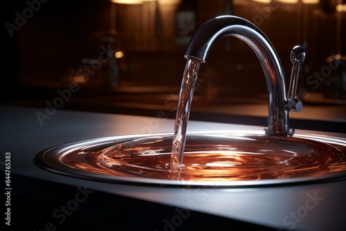 Sleek faucet pours clean water into a sink with a warm ambient background