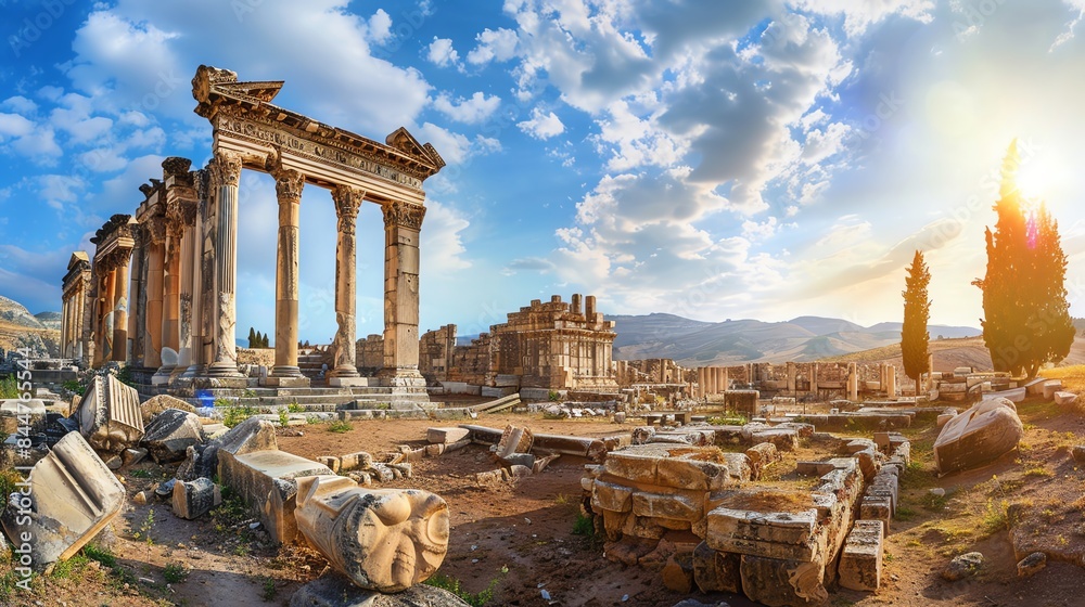 Obraz premium Ancient Roman ruins with columns and arches under a vibrant sunset sky.