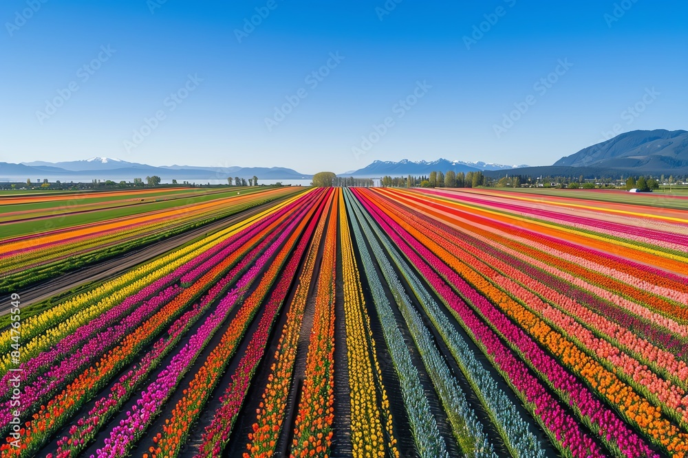 Aerial view of vibrant, colorful tulip fields stretching towards distant mountains under a clear blue sky. Aerial view of vibrant, colorful tulip fields stretching towards distant mountains under a clear blue sky.