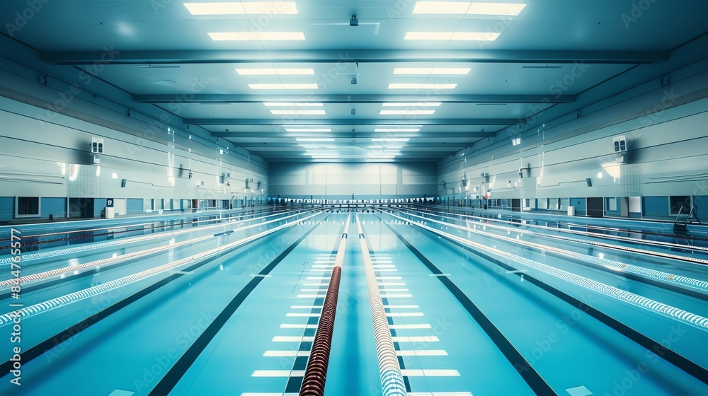 An empty indoor swimming pool with bright lighting and clear blue water. An empty indoor swimming pool with bright lighting and clear blue water.