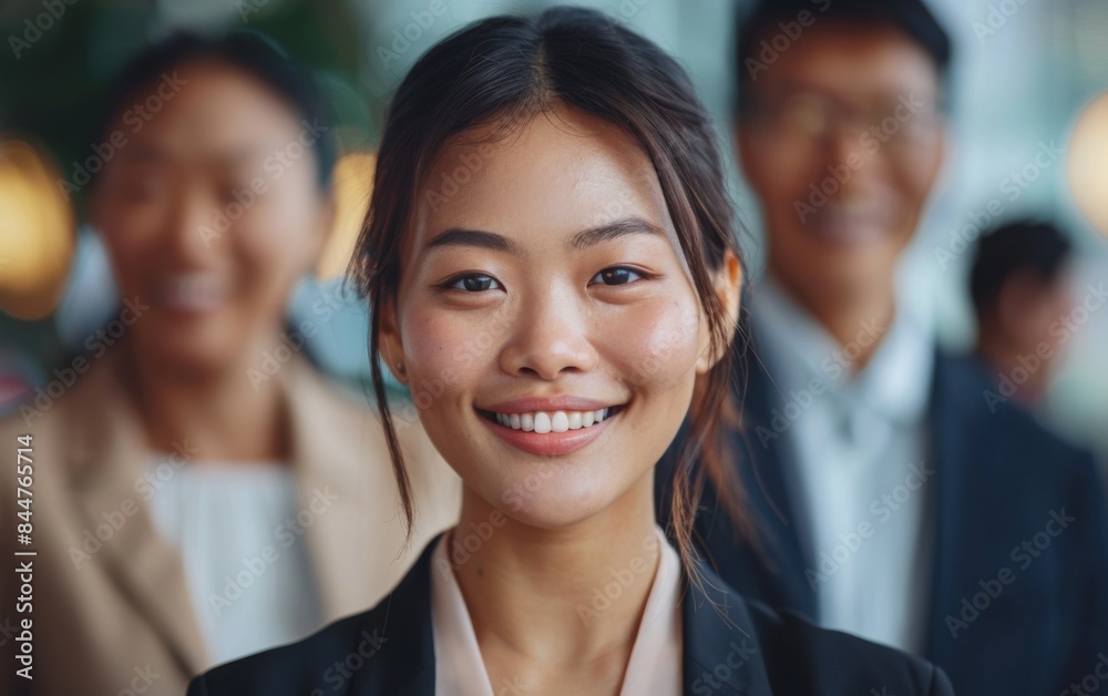 A woman with a smile on her face is standing in front of a group of people. She is wearing a suit and a tie A woman with a smile on her face is standing in front of a group of people. She is wearing a suit and a tie