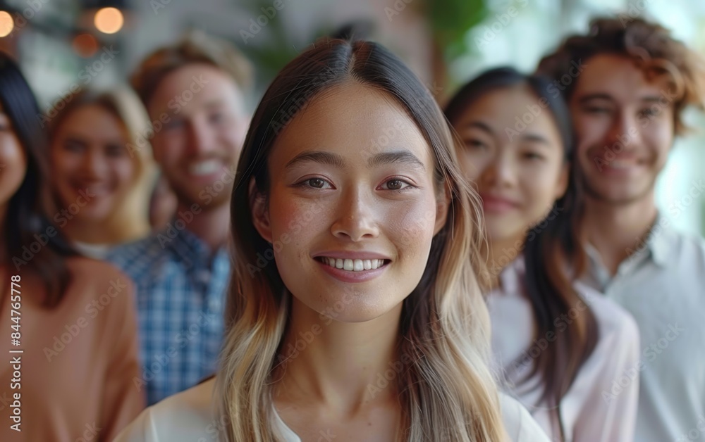A group of people are smiling and posing for a photo. The woman in the center is the main focus of the image A group of people are smiling and posing for a photo. The woman in the center is the main focus of the image
