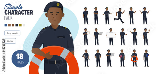 Simple flat male navy officer armed forces vector character in a set of multiple poses. Easy to edit and isolated on a white background. Modern trendy style character mega pack with lots of poses.