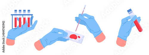 Hands holding test tubes with blood. Lab worker hands in rubber gloves with blood test tubes flat vector illustration set. Laboratory assistant holding medical equipment