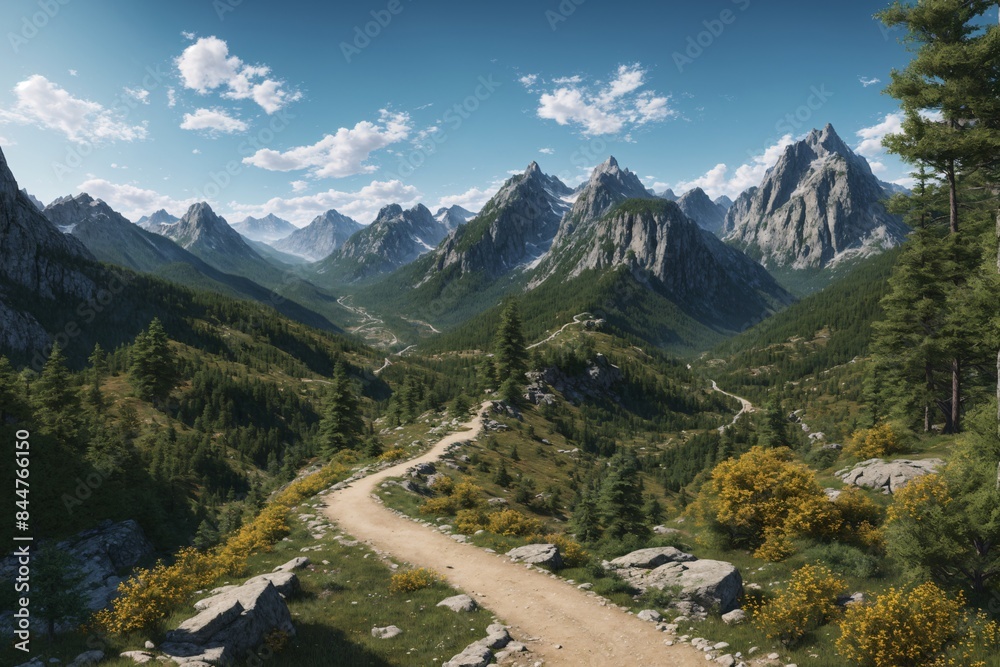 A peaceful mountain trail with panoramic views and clear air A peaceful mountain trail with panoramic views and clear air