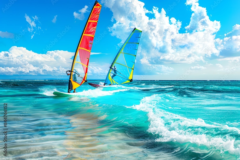 Naklejka premium Two windsurfers glide across turquoise water under a bright blue sky with fluffy white clouds.