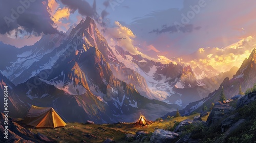 Two tents nestled in a valley, surrounded by majestic mountains at sunrise. The sky is a vibrant mix of pink, orange, and purple. #844766144