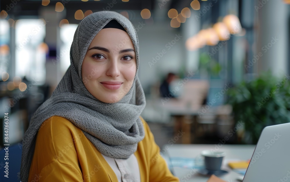 A woman wearing a grey scarf and a yellow shirt is smiling at the camera. She is sitting at a table with a laptop in front of her A woman wearing a grey scarf and a yellow shirt is smiling at the camera. She is sitting at a table with a laptop in front of her