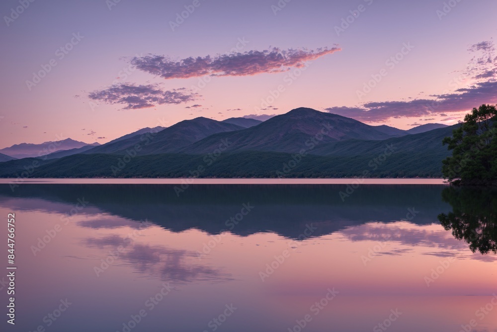 Fototapeta premium A peaceful lake at dusk with the sky painted in shades of pink and purple