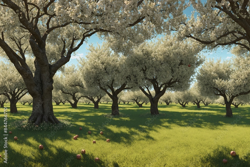 A beautiful orchard with fruit laden trees and soft sunlight A beautiful orchard with fruit laden trees and soft sunlight