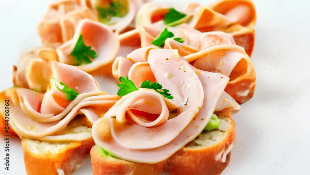Delicious ham and cheese bruschetta on white plate Delicious ham and cheese bruschetta on white plate