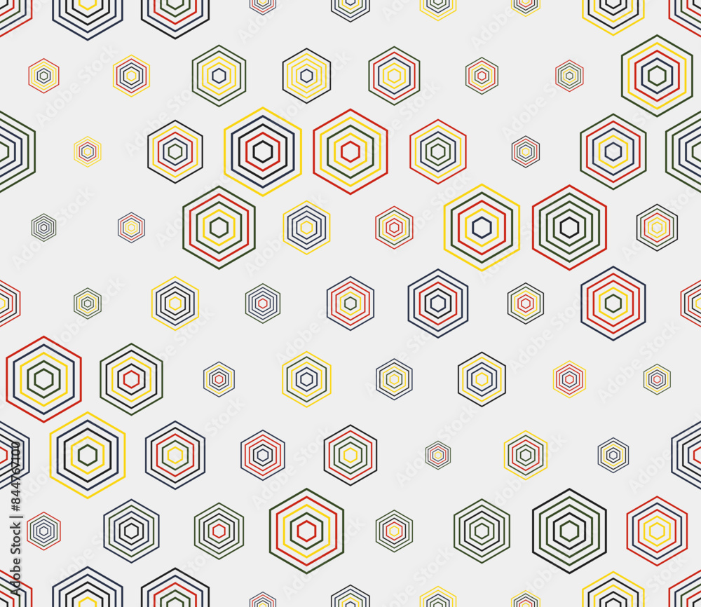 Honeycomb mosaic pattern. Multicolored geometric elements of varied size. Hexagon stacked mosaic cells. Hexagonal cells. Tileable pattern. Seamless vector illustration.