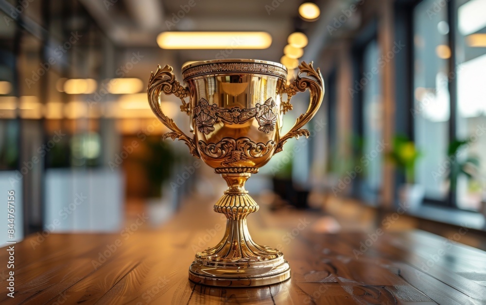 A gold cup with a gold rim sits on a wooden table. The scene is set in a room with a window, and there are potted plants in the background A gold cup with a gold rim sits on a wooden table. The scene is set in a room with a window, and there are potted plants in the background