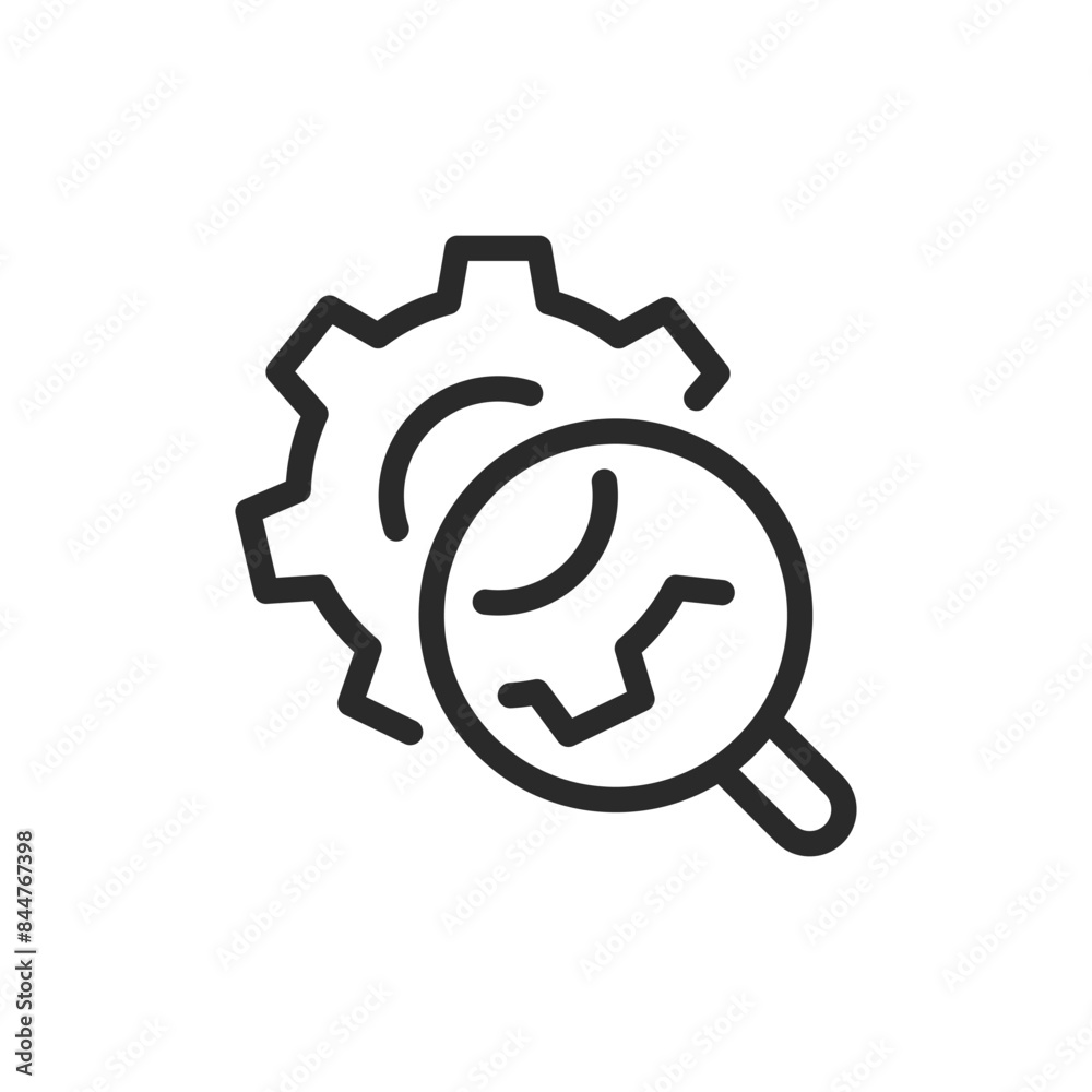 Gear with magnifying glass, linear style icon. technical inspection and analysis. Editable stroke width Gear with magnifying glass, linear style icon. technical inspection and analysis. Editable stroke width