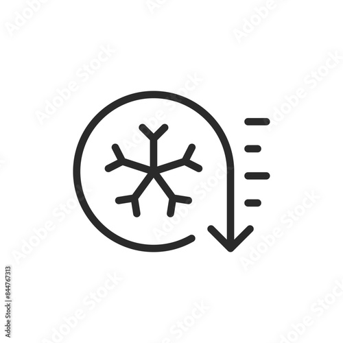 Snowflake with arrow, linear style icon. A snowflake, freezing or cooling process. Editable stroke width.